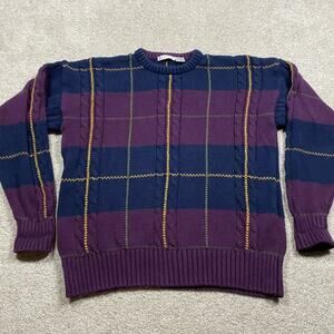VTG Claiborne Sweater Mens Large Purple Blue Chunky Knit Crewneck 90s Cotton